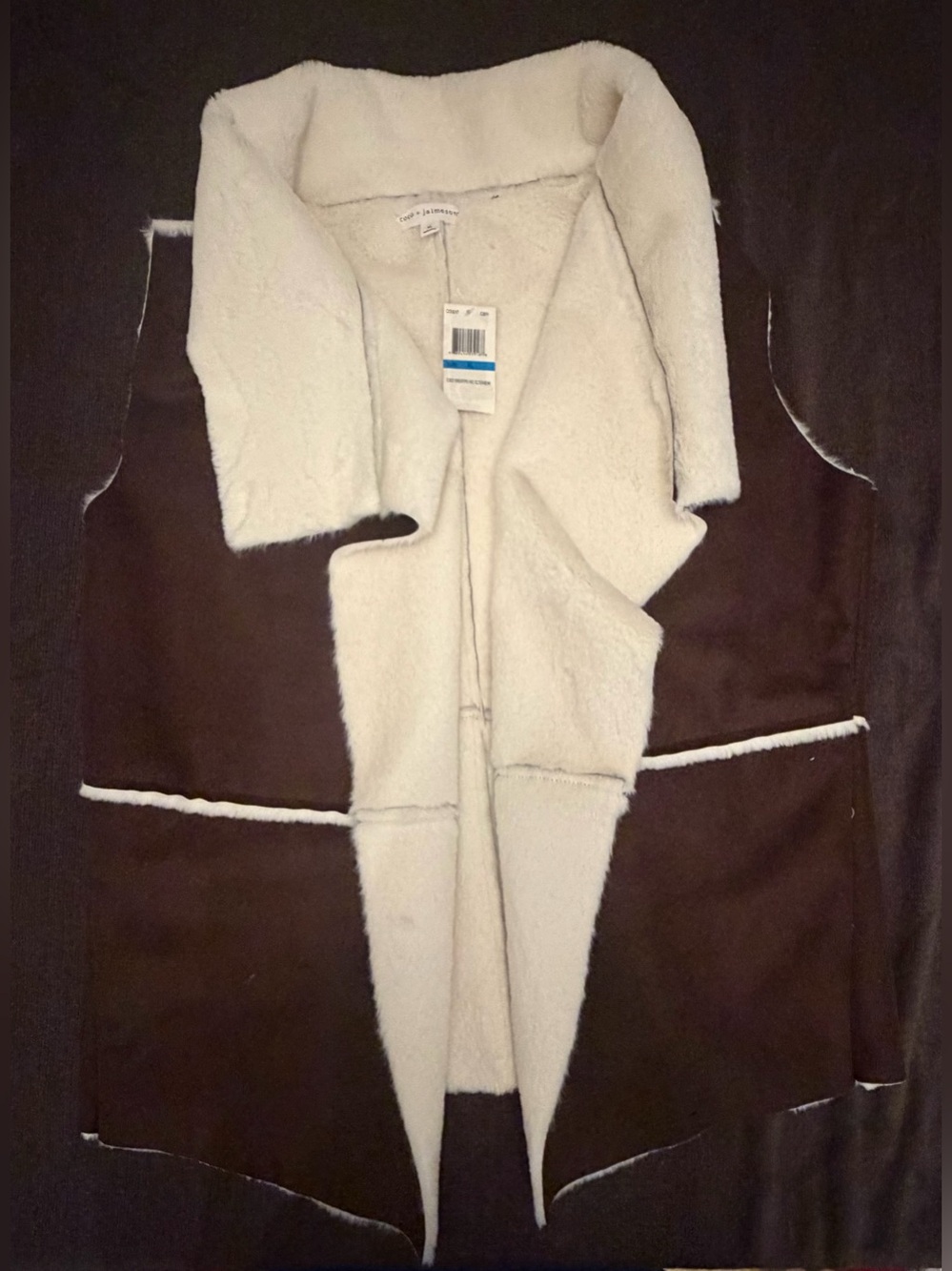 Faux-Shearling Open Front Vest - White & Brown